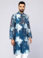 Blue Printed and Embroidered Silk Panjabi