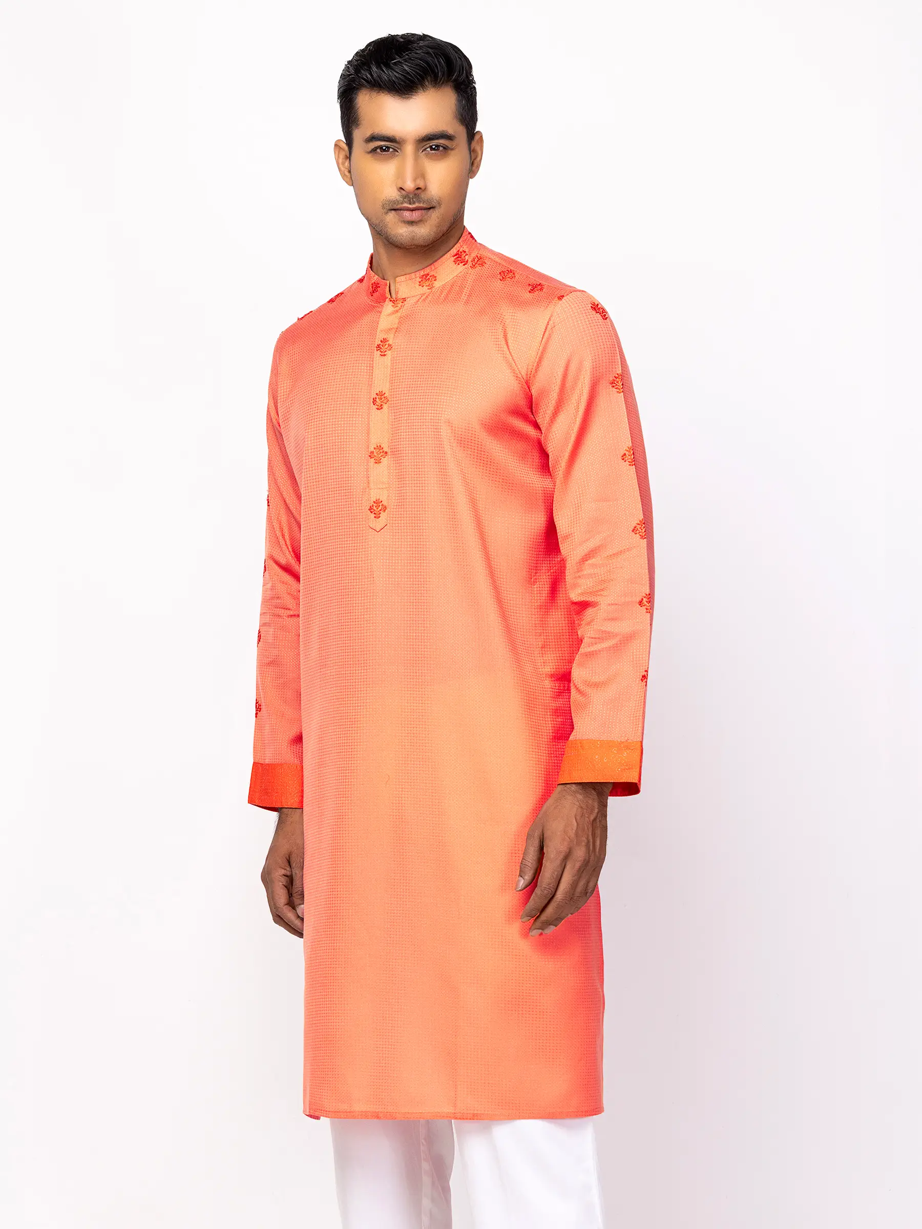 0030000137282 Peach Printed and Embroidered Cotton Panjabi - Image 1