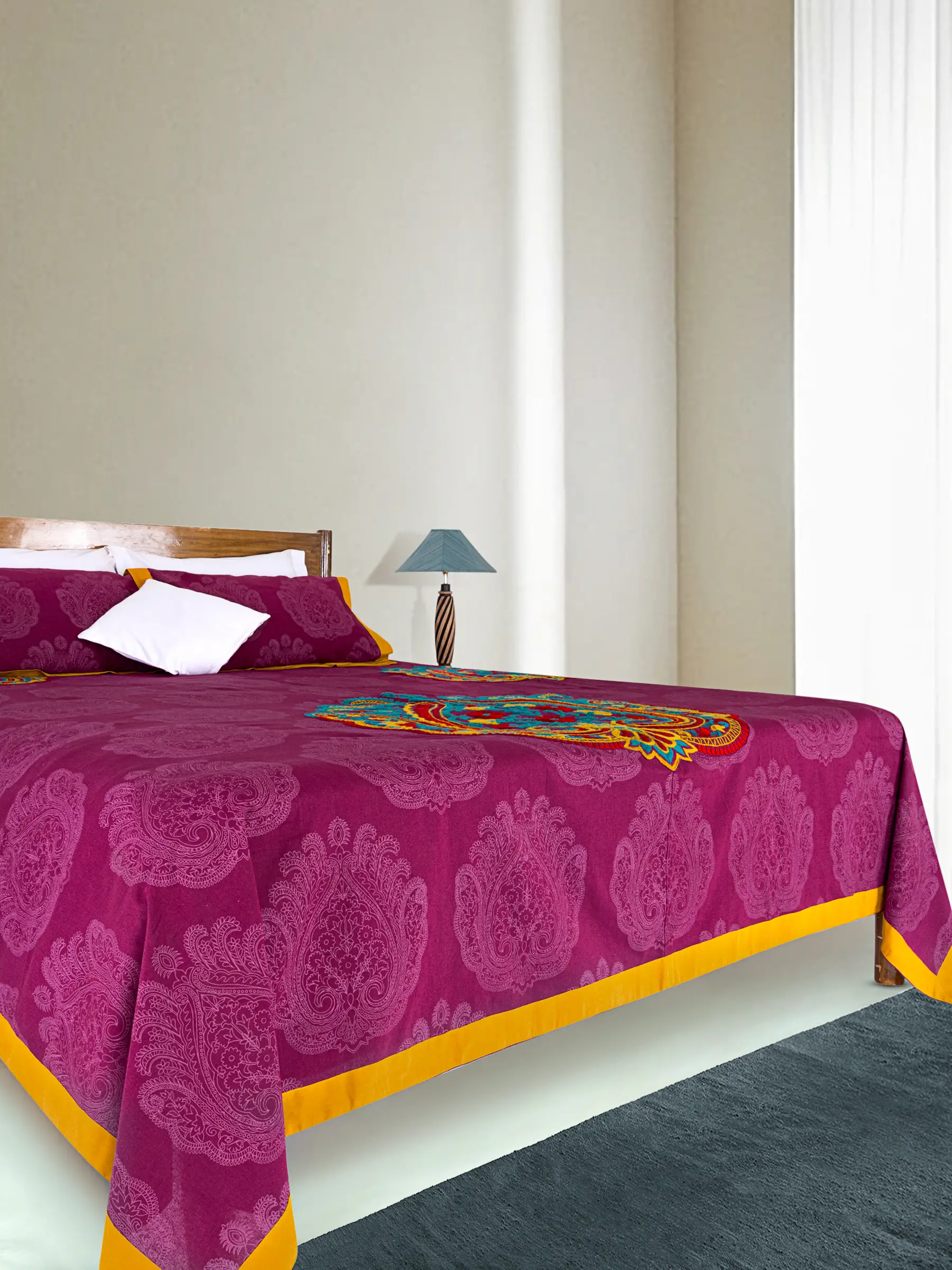 bedsheet 01 Burgundy Printed and Embroidered Cotton Bed Cover - Image 1