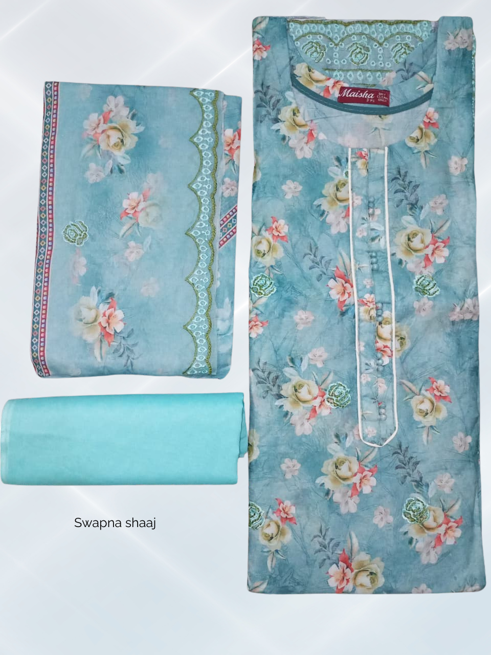 product 1 Maisha Sky Blue Floral Printed Three-Piece Suit - Image 1